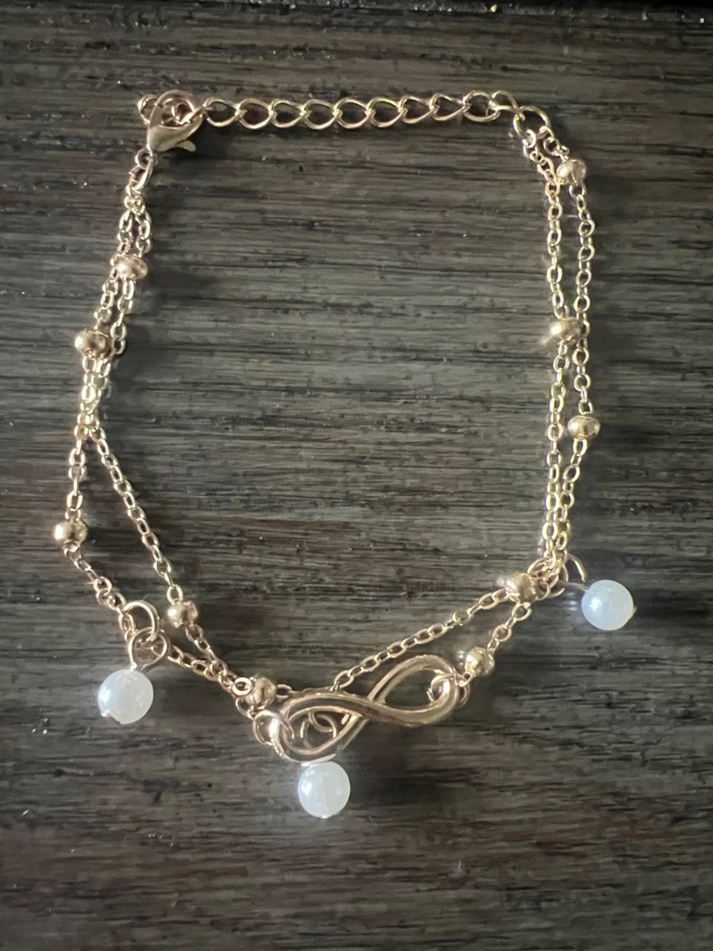 Gold Infinity Charm Anklet with White Bead Drops